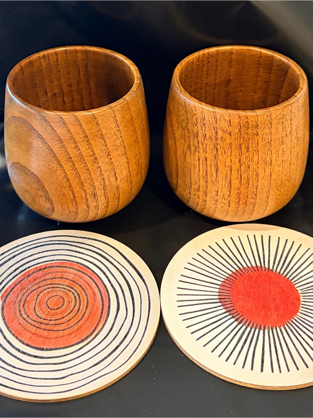 Wooden Water Tumbler Pair with bright Accent Coasters